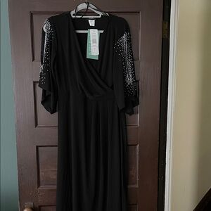NWT MSK Black Empire Waist Short Sleeve Midi Dress with Beaded Pearl Details L